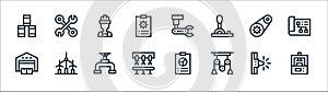 Industrial process line icons. linear set. quality vector line set such as press machine, pulley, conveyor, warehouse, gear,