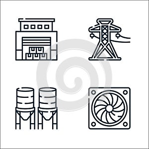 Industrial process line icons. linear set. quality vector line set such as turbine, water tank, power line