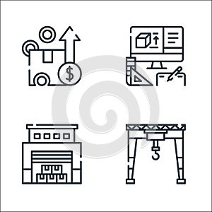 industrial process line icons. linear set. quality vector line set such as crane, warehouse, product de