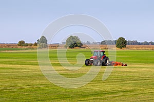 Industrial production of lawn grass in rolls. Trimmed field, resistant to mechanical impact and drought of green lawn grass. A