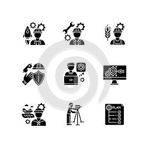 Industrial production worker black glyph icons set on white space