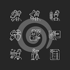 Industrial production worker chalk white icons set on black background