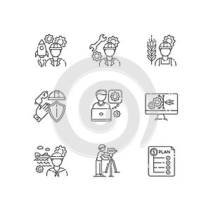 Industrial production worker pixel perfect linear icons set