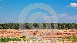 Industrial quarry. Sand mining. Excavators against the backdrop of nature