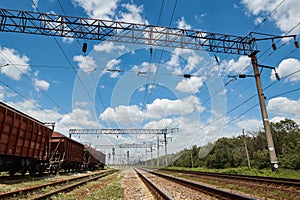 Industrial railway - wagons, rails and infrastructure, electric power supply, Cargo transportation and shipping concept