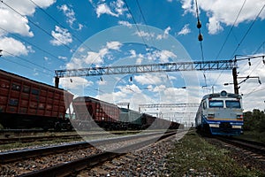 Industrial railway - wagons, rails and infrastructure, electric power supply, Cargo transportation and shipping concept