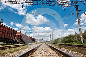 Industrial railway - wagons, rails and infrastructure, electric power supply, Cargo transportation and shipping concept