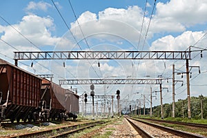 Industrial railway - wagons, rails and infrastructure, electric power supply, Cargo transportation and shipping concept