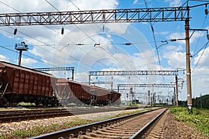 Industrial railway - wagons, rails and infrastructure, electric power supply, Cargo transportation and shipping concept