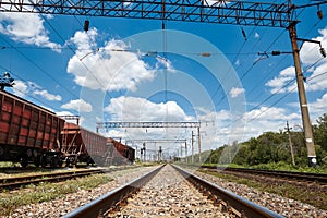 Industrial railway - wagons, rails and infrastructure, electric power supply, Cargo transportation and shipping concept