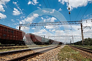 Industrial railway - wagons, rails and infrastructure, electric power supply, Cargo transportation and shipping concept