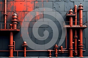 Industrial Red Pipes and Futuristic Wall