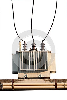 Industrial reduces power station. Power transformer on ceramic and porcelain insulators wire line photo