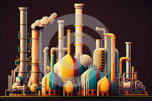 Industrial Refinery Processing Oil and Gas with Smokestacks and Pipelines