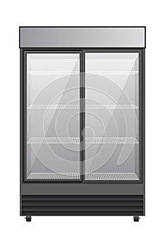 Industrial refrigerator with empty shelves on a plain background