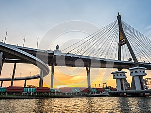 Industrial ring bridges in Bangkok under twilight sky