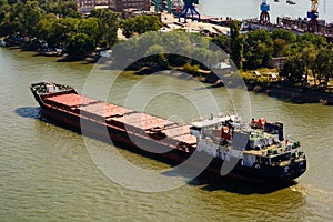 Industrial river barge on water