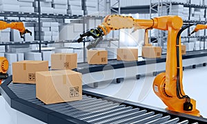 Industrial robot arm grabbing the cardboard box on roller conveyor rack with storage warehouse background. Technology and