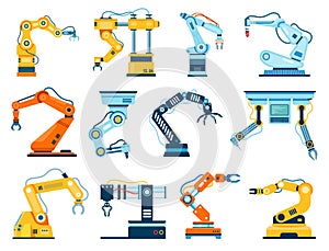 Industrial robot arm manipulators, industrial robotic hand machines. Factory automated arms robots, assembly line