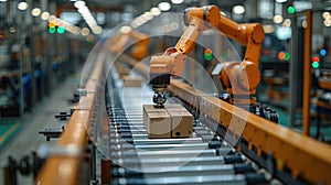 Industrial robot arm moving car parts on conveyor in automotive plant.