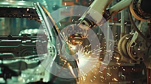 An industrial robot arm welds a car body with high precision amidst a shower of sparks, showcasing advanced manufacturing