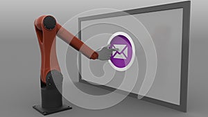 Industrial robot arms pushing Send mail buttons. Spam or newsletter concept. 3D rendering