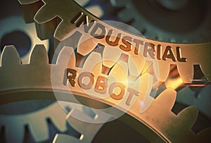 Industrial Robot on Golden Metallic Gears. 3D Illustration.