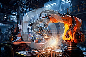 Industrial robot welding metal in a factory. Automation industry concept