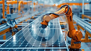 Industrial robotic arm on a production line in a modern solar panel factory