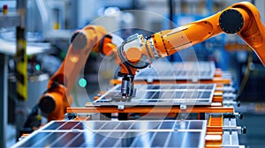 Industrial robotic arm on a production line in a modern solar panel factory