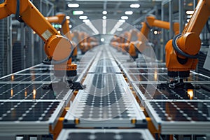 Industrial robotic arm on a production line in a modern solar panel factory