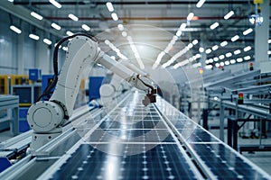 Industrial robotic arm on a production line in a modern solar panel factory