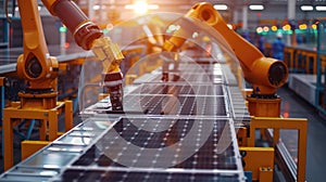 Industrial robotic arm on a production line in a modern solar panel factory