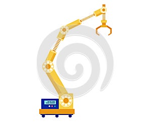 Industrial robotic arm, yellow automation machinery. Robotic manufacturing equipment. Future technology, automation