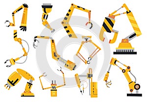 Industrial robotic arms manufacture technology assembly equipment vector set. Industry assembly equipment for