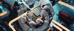Industrial Robotic Manipulator End Effector Holding CPU Chip. Modern High Tech Robot Arm Holding Contemporary Super