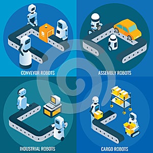 Industrial robotics vector isometric poster set