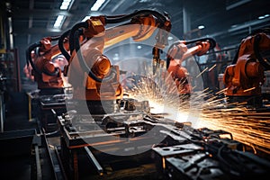 Industrial robots arm are welding automotive part in car factory. AI Generative