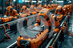 Industrial robots collaborating with human workers on the assembly line, illustrating the symbiotic relationship between