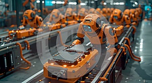 Industrial robots collaborating with human workers on the assembly line, illustrating the symbiotic relationship between