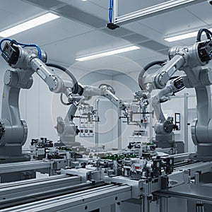 Industrial robots are engaged in a task within a clean, modern factory setting. The