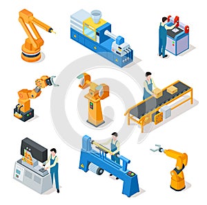 Industrial robots. Isometric machines, assembly line elemets and robotic arms with workers. 3d manufacturing