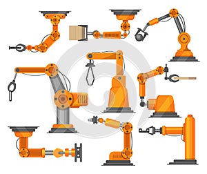 Industrial robots manipulators collection vector robotic illustration isolated on white. Robotized arm technology. photo