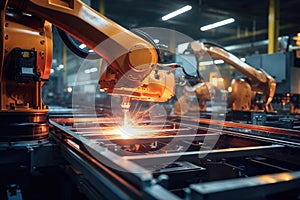 Industrial Robots Welding in Automated Car Factory
