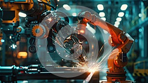 Industrial robots are welding automotive parts in modern factory