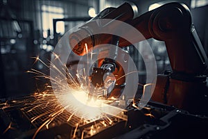 Industrial robots are welding in the factory. Automotive industry. A robot hand welding in a factory joins metal components