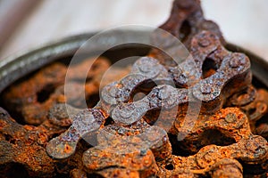 Industrial roller chain with corrosion, soft focus