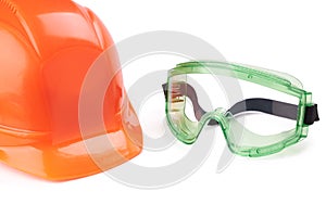 industrial safety glasses and safety helmet. workwear goggles. isolated on a white background