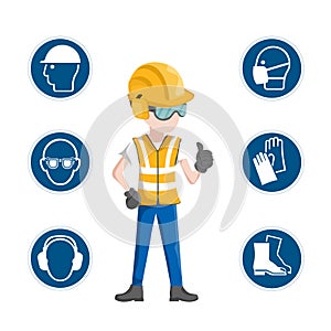 Industrial safety icons, worker with his personal protective equipment photo