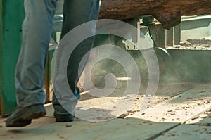 Industrial sawmill with large piece of wood photo